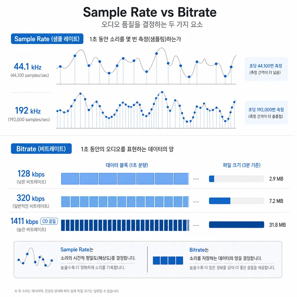 오디오 샘플레이트와 비트레이트 차이를 보여 주는 파형 비교