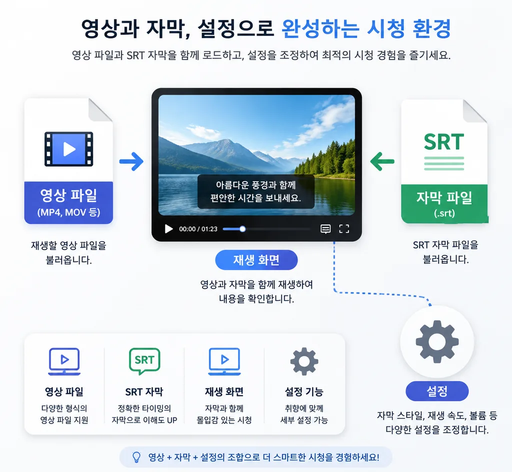 미디어 플레이어 자막 설정을 설명하는 영상 파일과 자막 파일 이미지