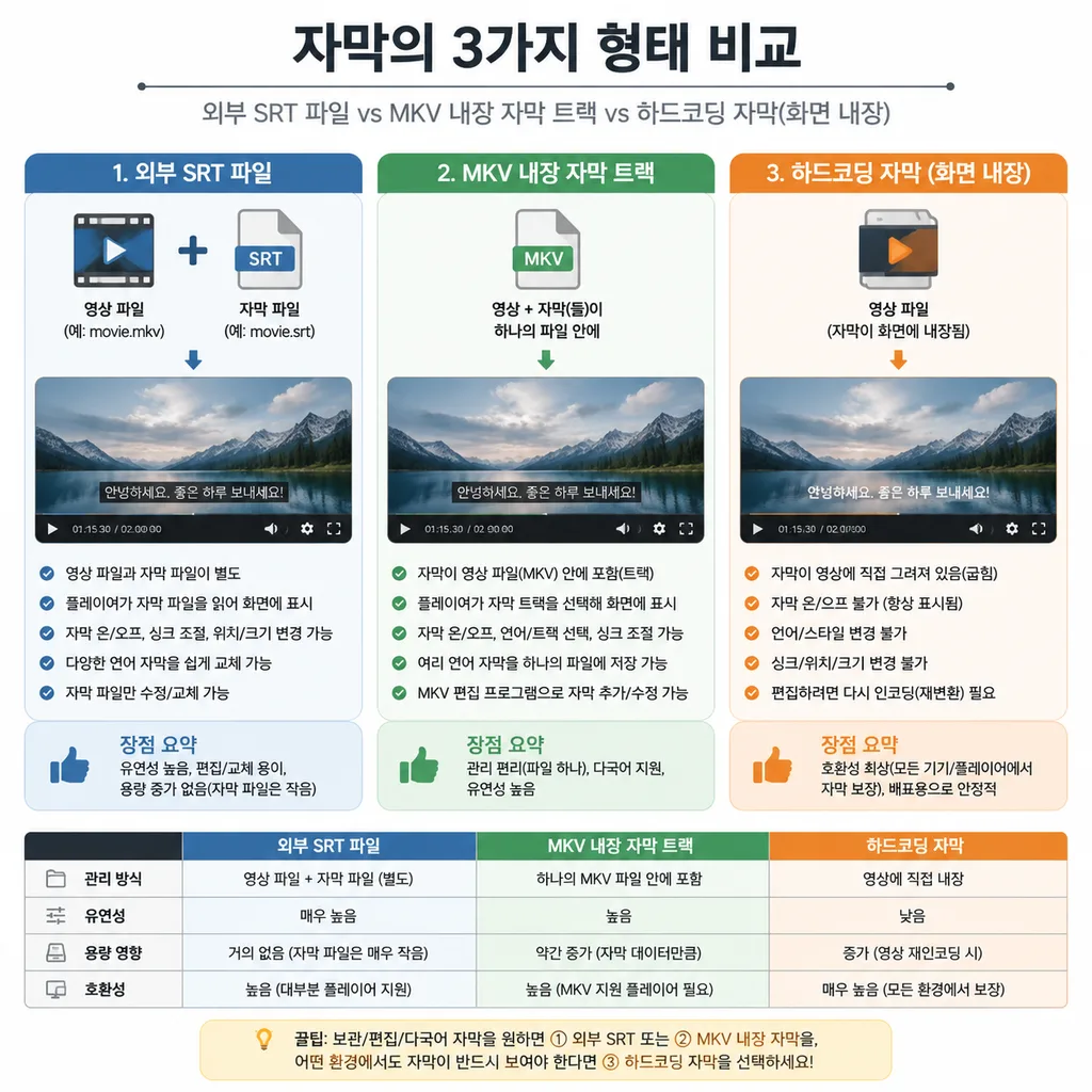 외부 자막 내장 자막 하드코딩 자막 차이