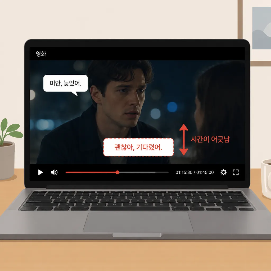 자막 싱크가 맞지 않는 동영상 재생 화면 예시